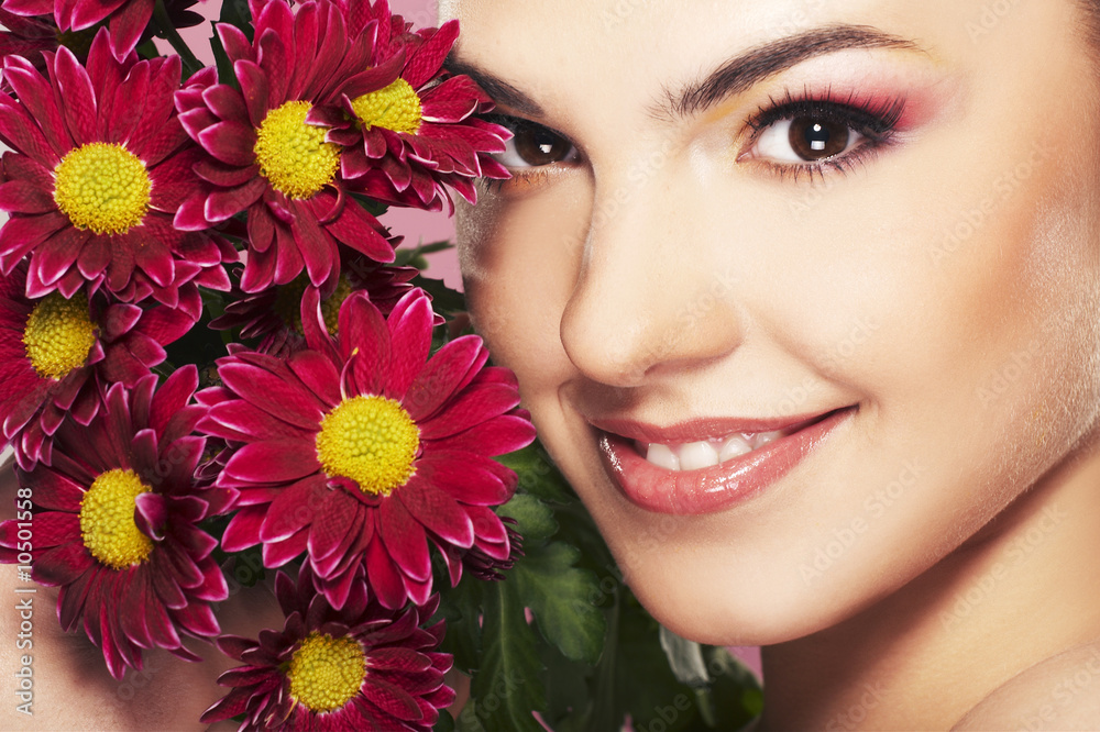 bright picture of lovely girl with red yellow flower bright picture of lovely girl with red yellow flower