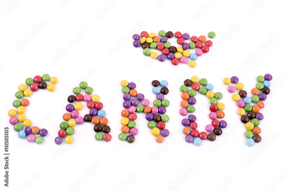 Colorful chocolate candies spelling the word candy