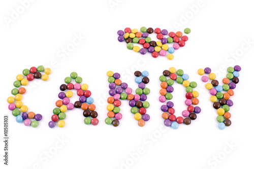 Colorful chocolate candies spelling the word candy