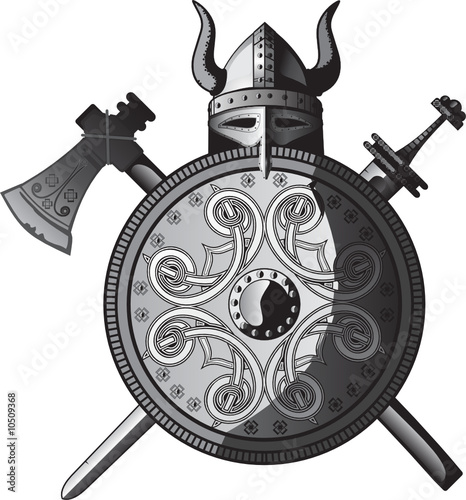 Helmet, sword, axe and Shield of Vikings