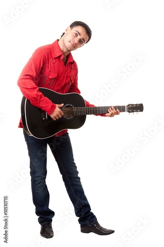 Guitarist. The man in a red shirt with a black guitar