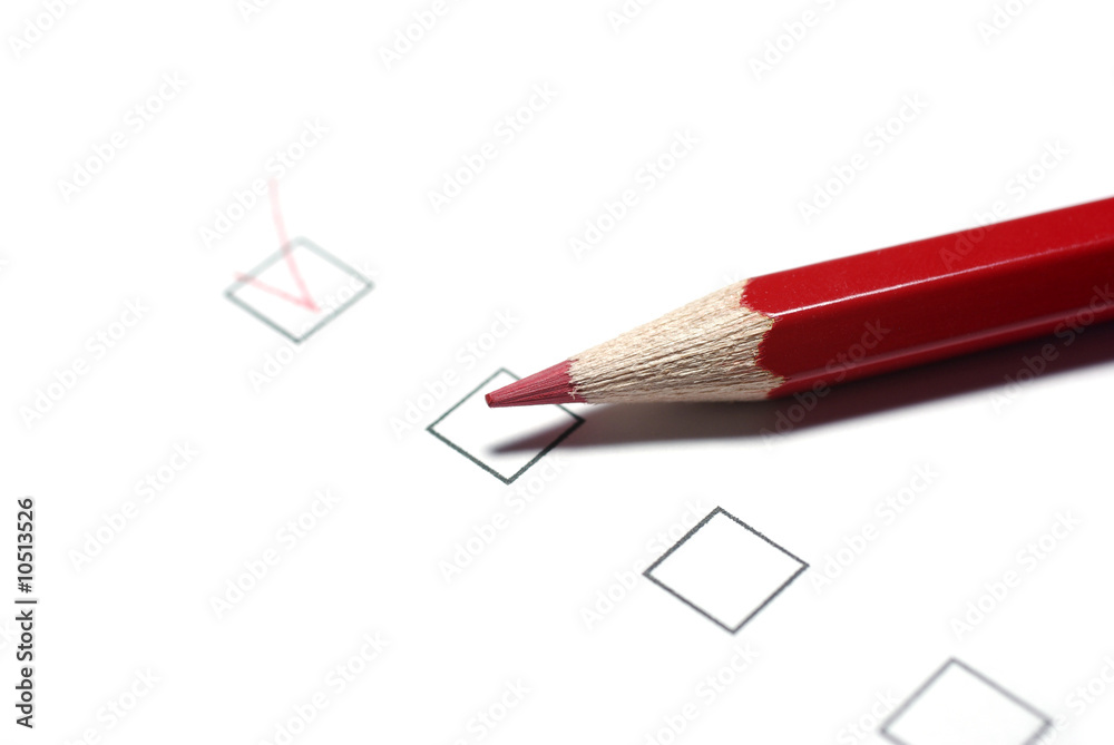 Red pencil and checkboxes isolated on white background.