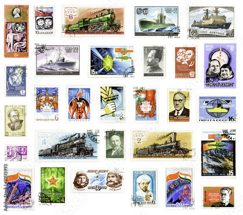 Collection of Soviet Union vintage stamps on white background