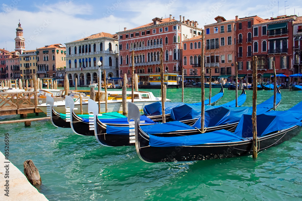 beautiful gondolas anchored in Venice, Italy