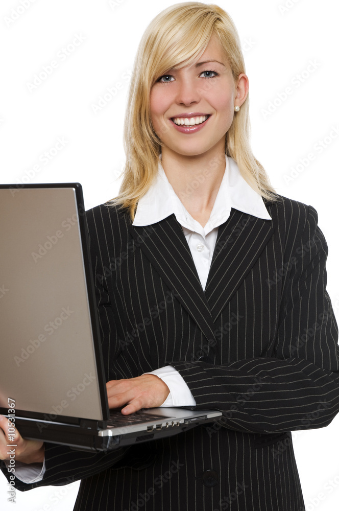 young blond business woman with laptop on white young blond business woman with laptop on white