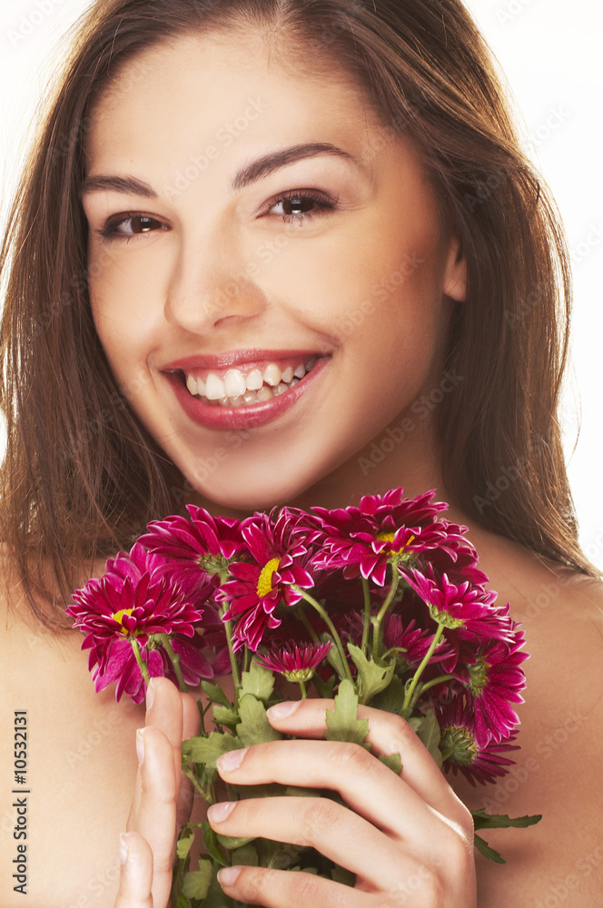 bright picture of lovely girl with red yellow flower islated