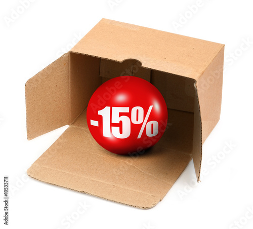 sale concept - open cardboard box and 3D sale ball