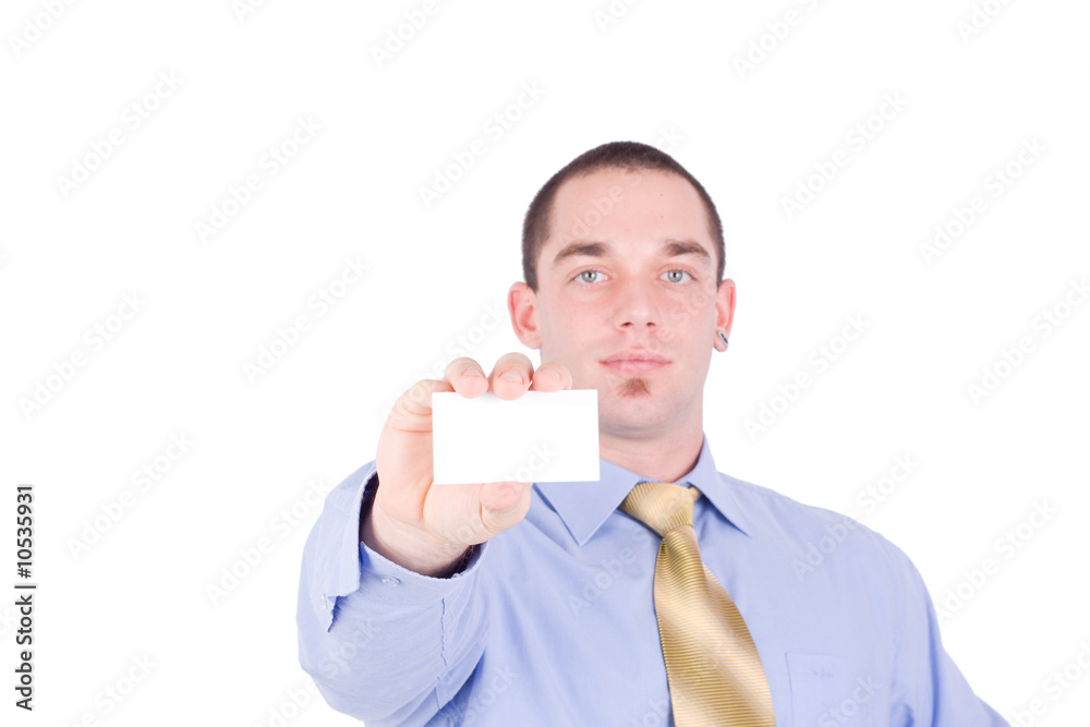 businessman holding out a blank business card businessman holding out a blank business card