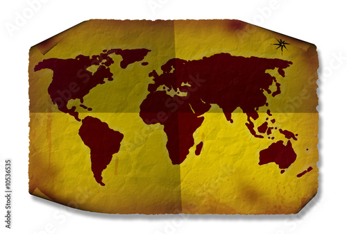 Grunge world map with dirt creases curls and crumples