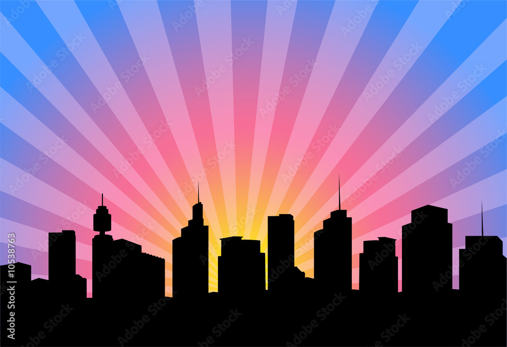 Illustration of a silhouette modern city with sunrise