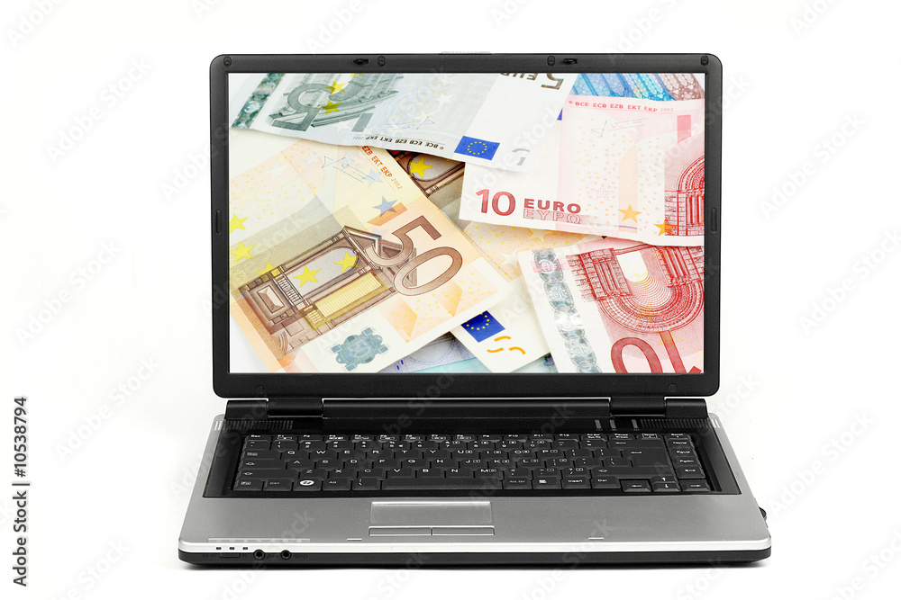 Laptop with euro money on screen isolated on white