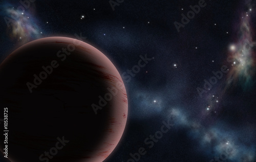 Digital created starfield with cosmic Nebula and red planet