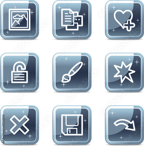 Image viewer web icons, square blue mineral buttons series set 2