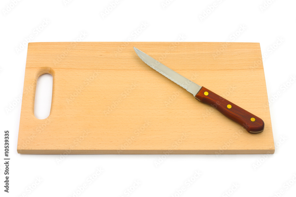 Knife and chopping board isolated on white background