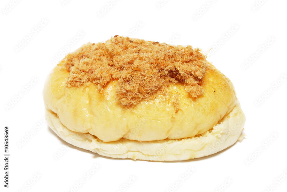 A chicken floss bun isolated on white background. A chicken floss bun isolated on white background.