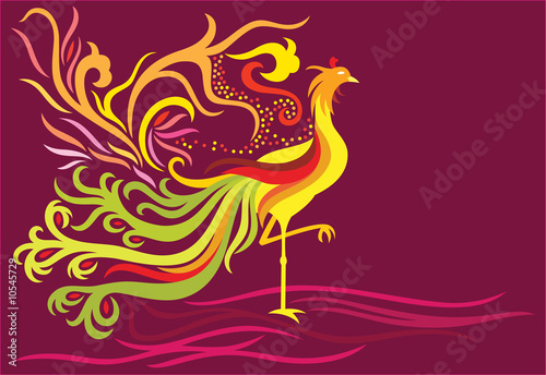 a decorative phoenix with feather flowing high