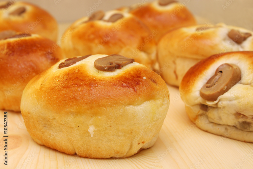 Close up of many mushroom buns.