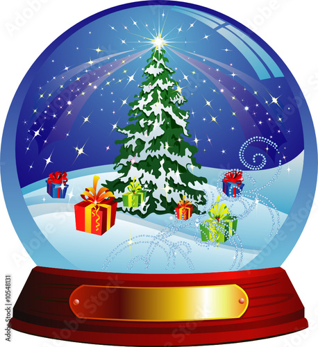 Christmas tree and gifts inside the glass ball