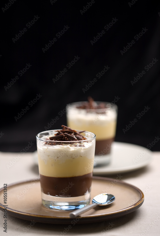 Delicious chocolate trifle dessert on dark background