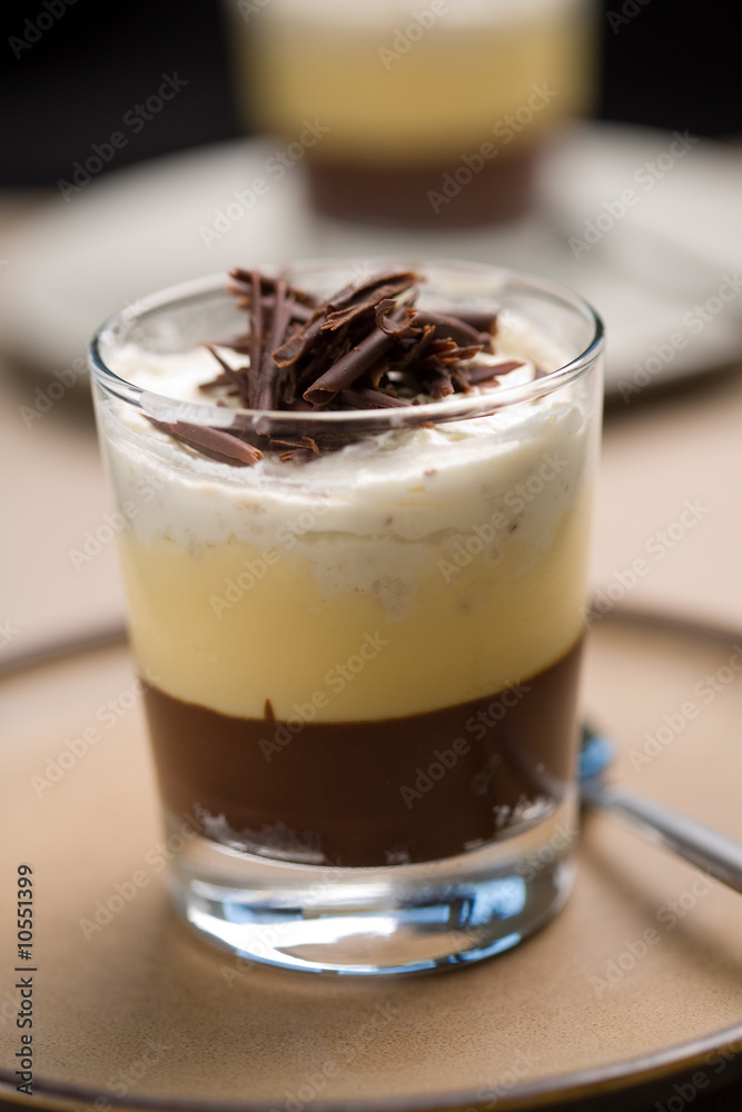 Delicious chocolate trifle with chocolate curls on top Delicious chocolate trifle with chocolate curls on top