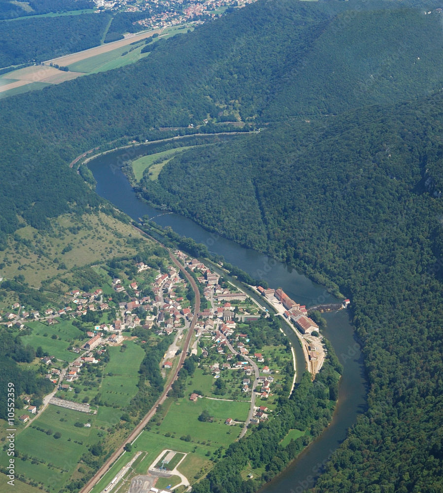 Aerial view of the french village Deluz and the river Doubs