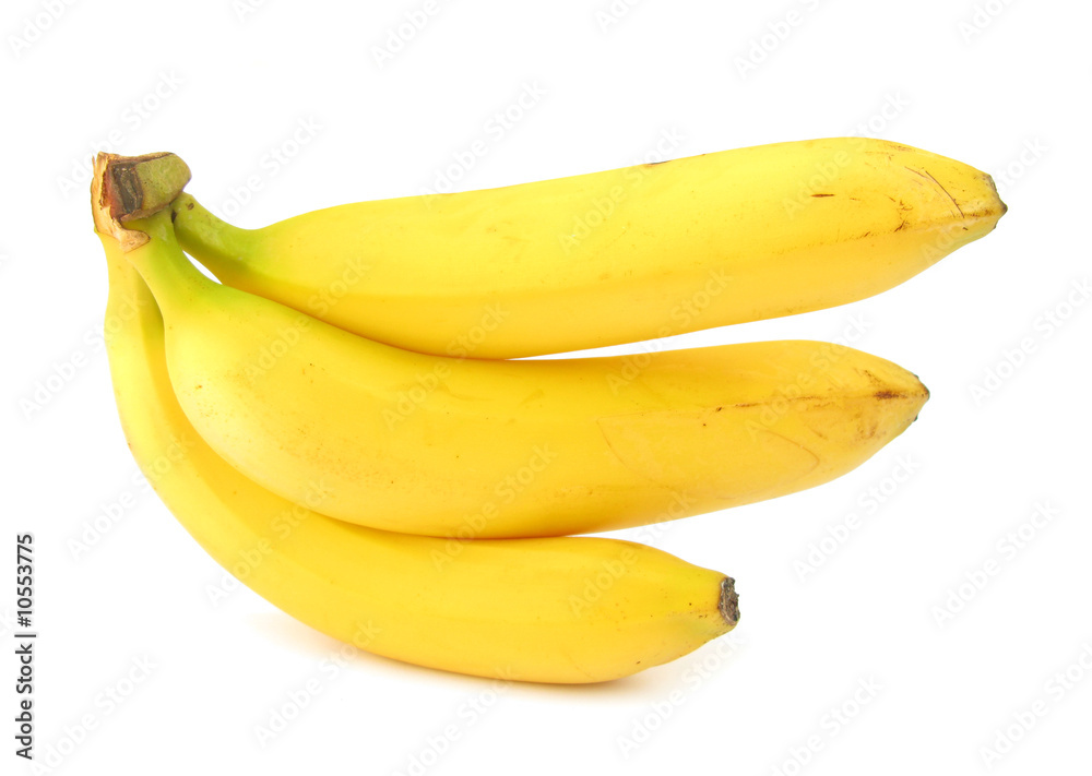 Three yellow bananas isolated on white background
