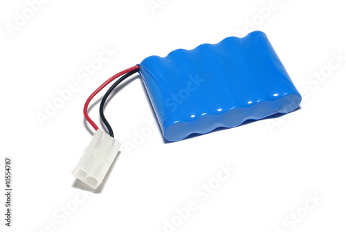 Blue rechargeable battery pack with wires and connector on white background isolated accesory voltge