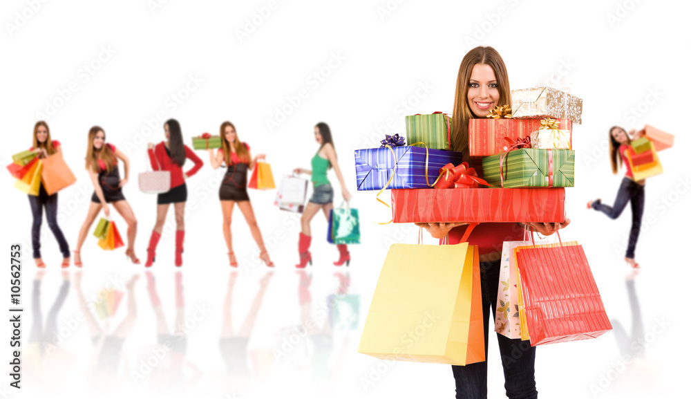 Shopping woman with bag and gift boxes Shopping woman with bag and gift boxes