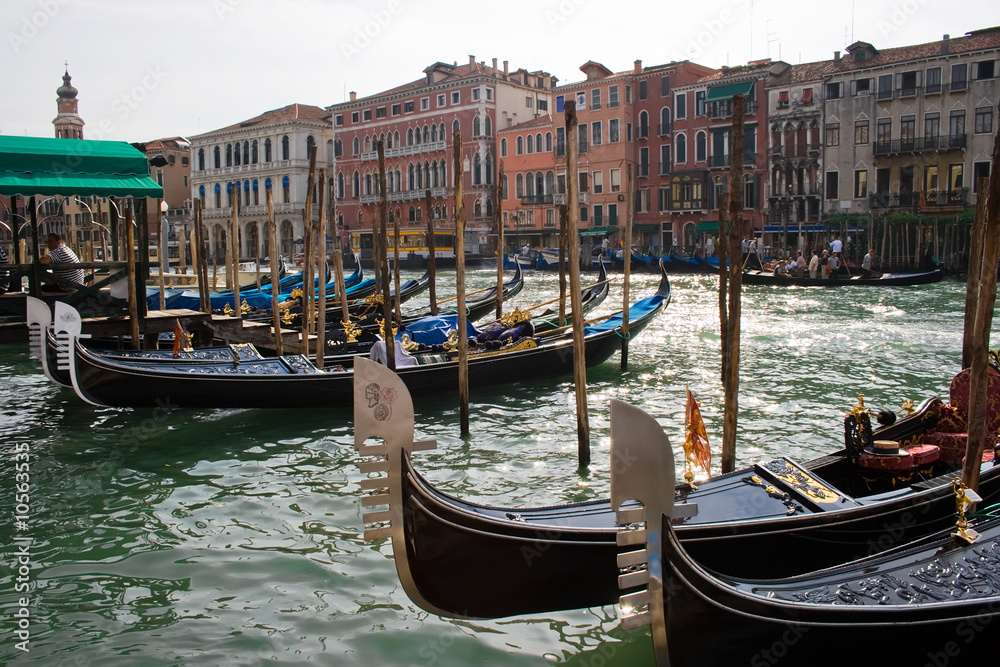 Gondolas anchored in the Grand Canal, Venice