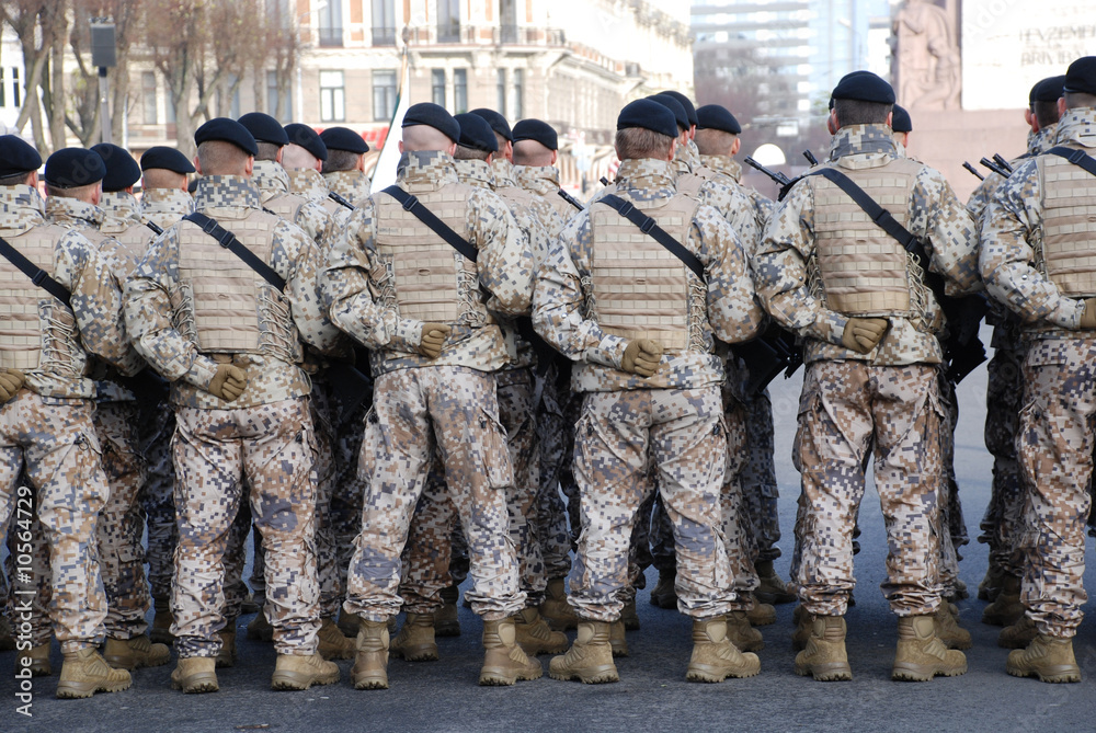 Construction of division of soldiers on parade