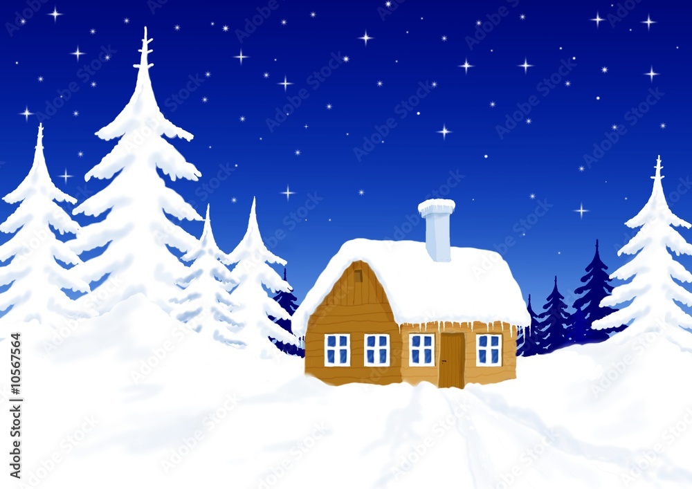 illustration little house in winter scenery illustration little house in winter scenery