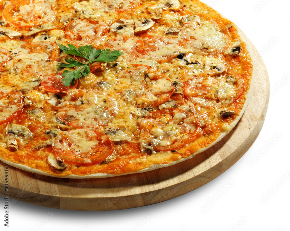 Mushroom Pizza on a Wood Tray. Isolated on White Mushroom Pizza on a Wood Tray. Isolated on White