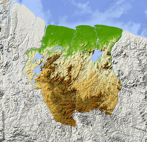 Suriname, shaded relief map, colored for elevation.