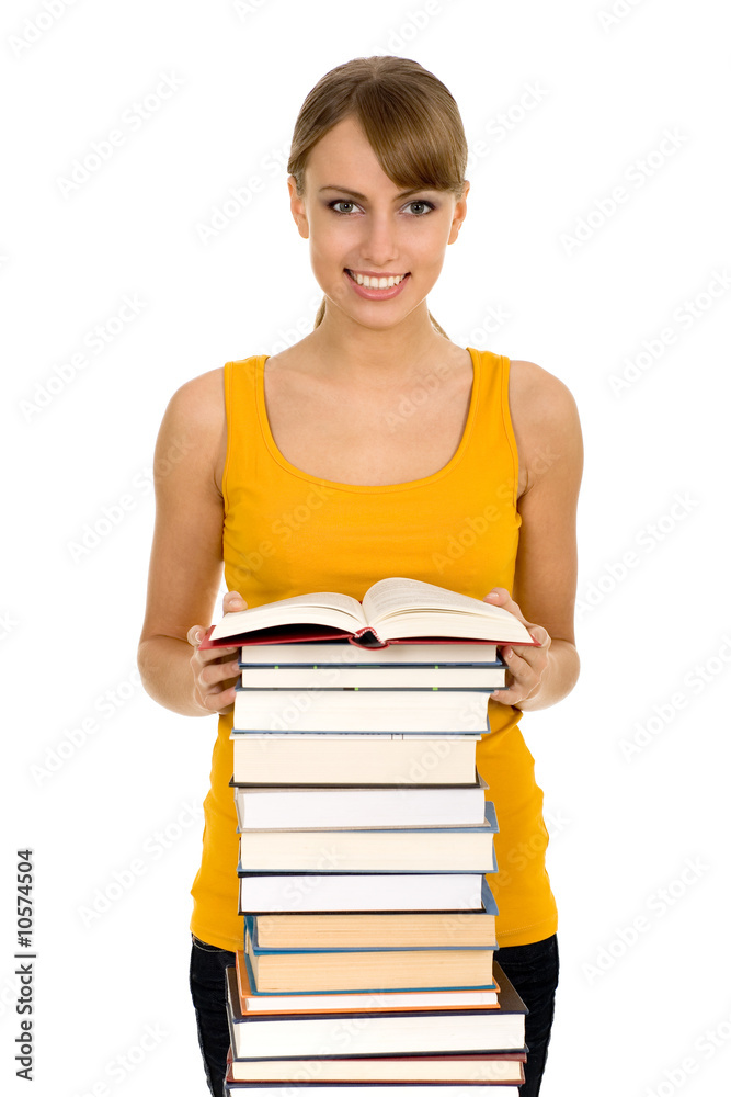 Young woman with stack of books Young woman with stack of books