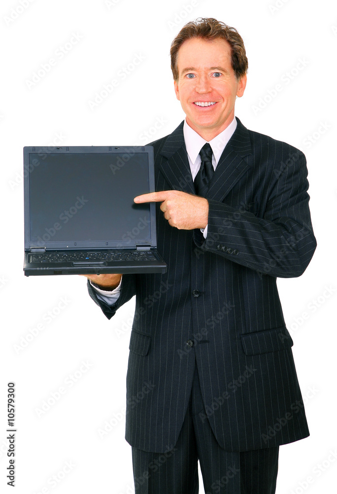 Isolated Happy Senior Businessman Presenting Laptop To Viewer Isolated Happy Senior Businessman Presenting Laptop To Viewer