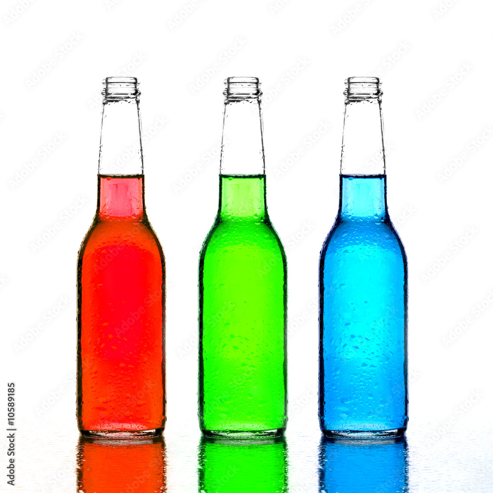 bottles red green and blue with reflection isolated on white bottles red green and blue with reflection isolated on white