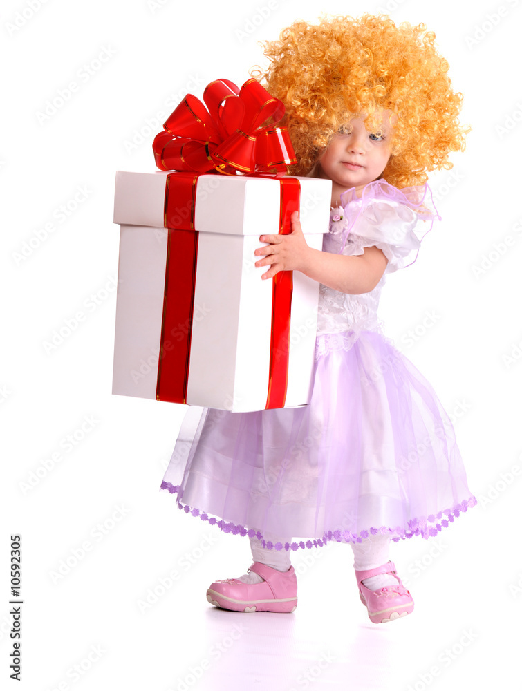 Girl in costume of doll with gift box. Girl in costume of doll with gift box.