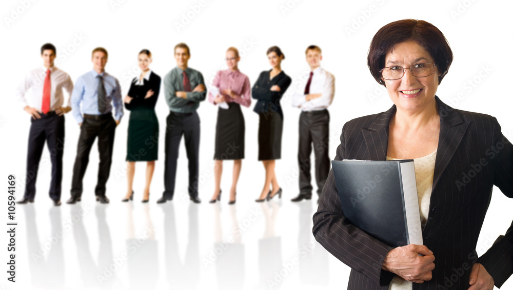 Isolated successful business team, focus on woman Isolated successful business team, focus on woman