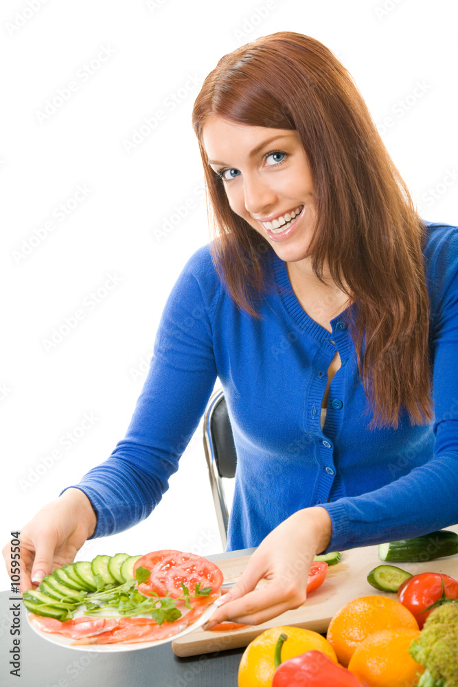 Young woman with vegetarian salad, isolated Young woman with vegetarian salad, isolated