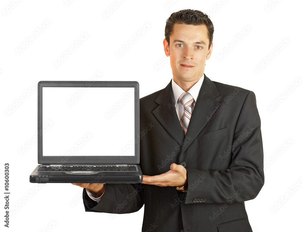 Businessman holding his laptop with white screeen Businessman holding his laptop with white screeen