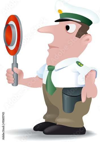 cartoon Polizist in grün mit Stop-Kelle