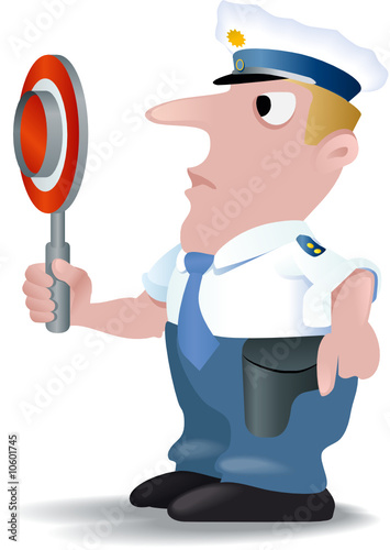Cartoon Polizist in blau mit Stop-Kelle