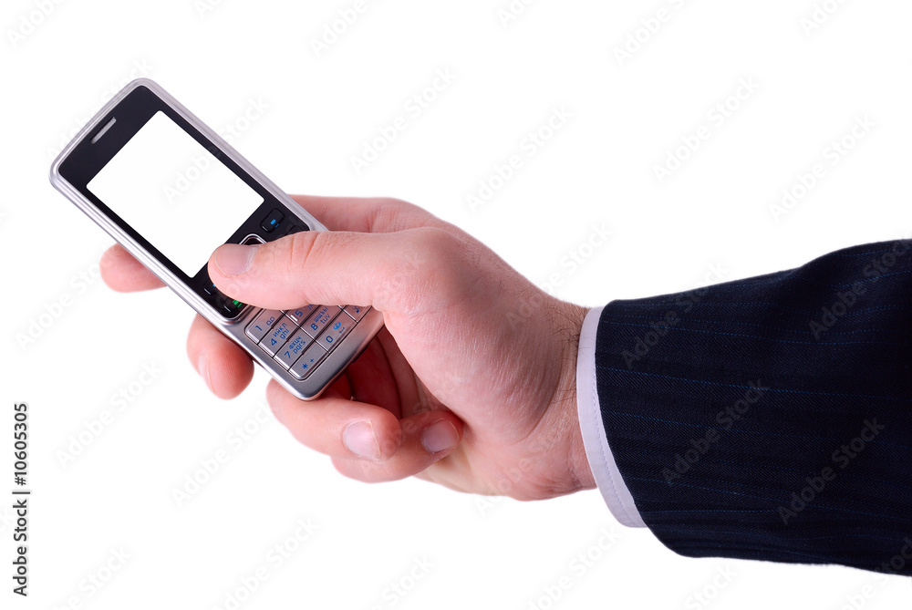 man holds mobile phone. the screen is cut with clipping path man holds mobile phone. the screen is cut with clipping path