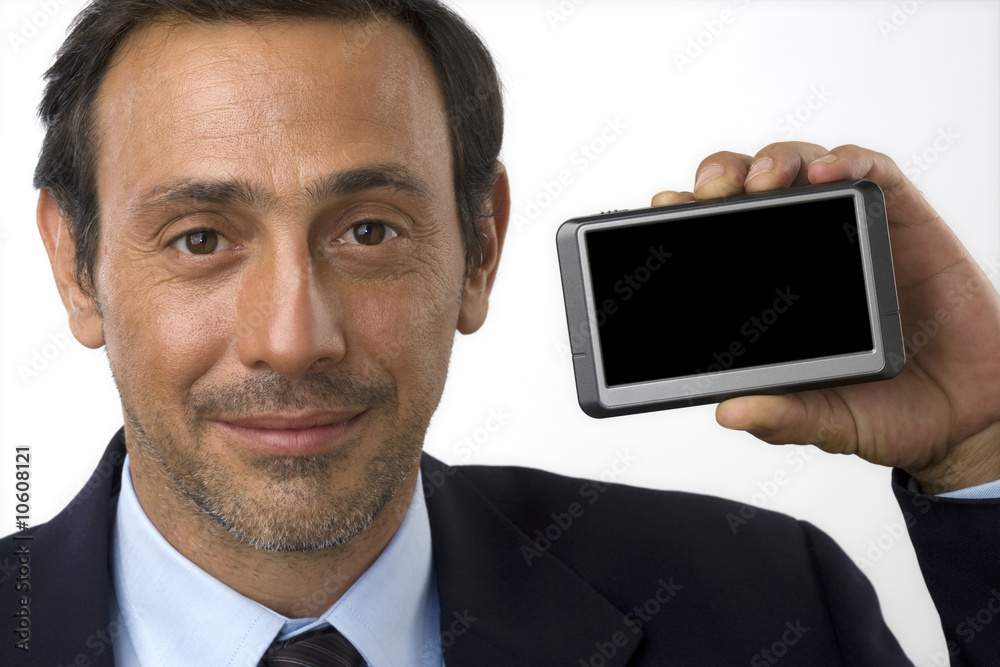 Businessman holding device with blank screen Businessman holding device with blank screen
