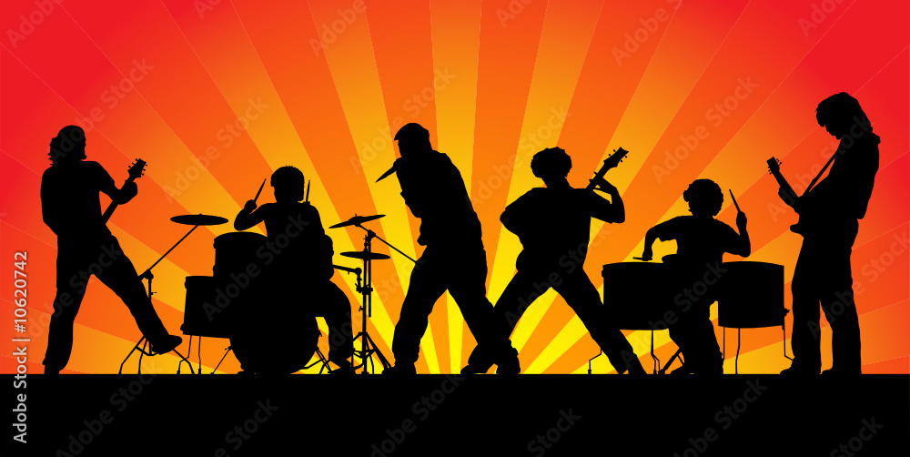 Rock band. Silhouettes of six musicians. Vector illustration.