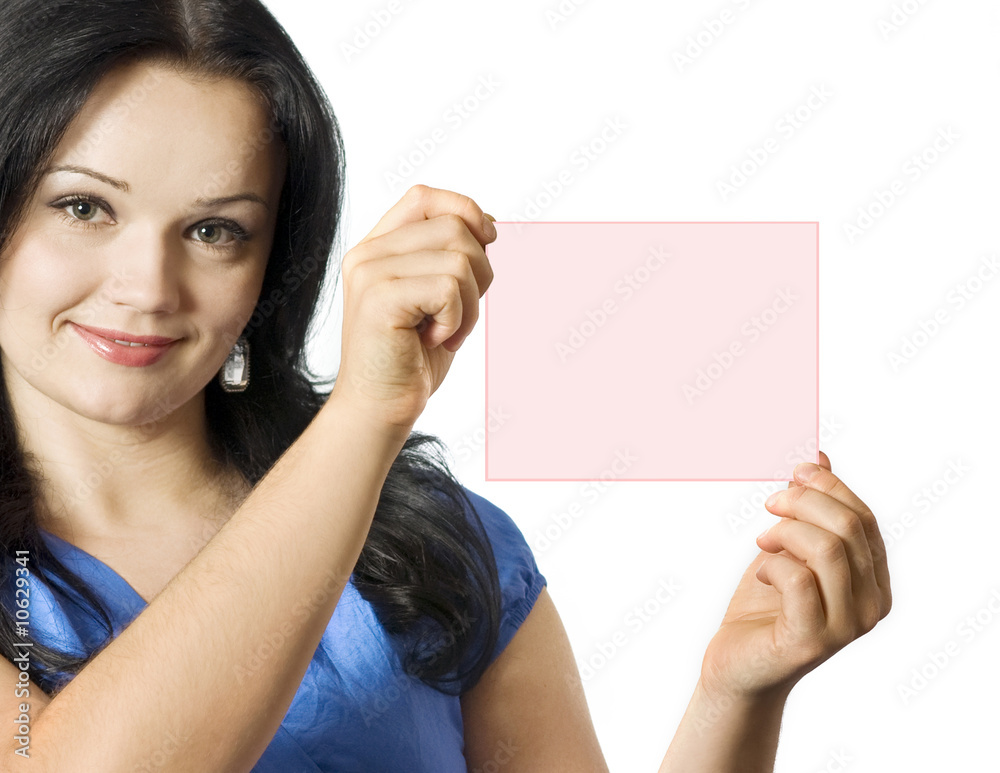 beautiful girl holding pink sign. isolated on white background beautiful girl holding pink sign. isolated on white background