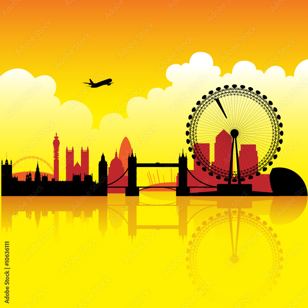 Obraz premium London skyline silhouette at dusk with reflection on thames