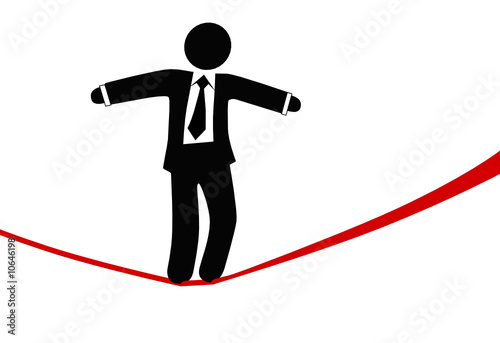 Symbol business man walks on danger risk tightrope