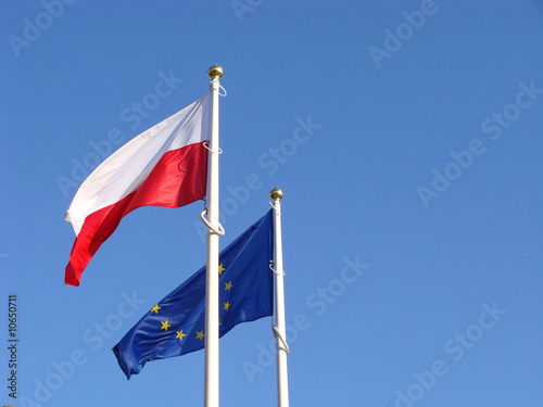 Polish and European Union flags.