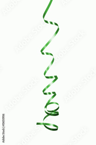 One curly green ribbon isolated on white